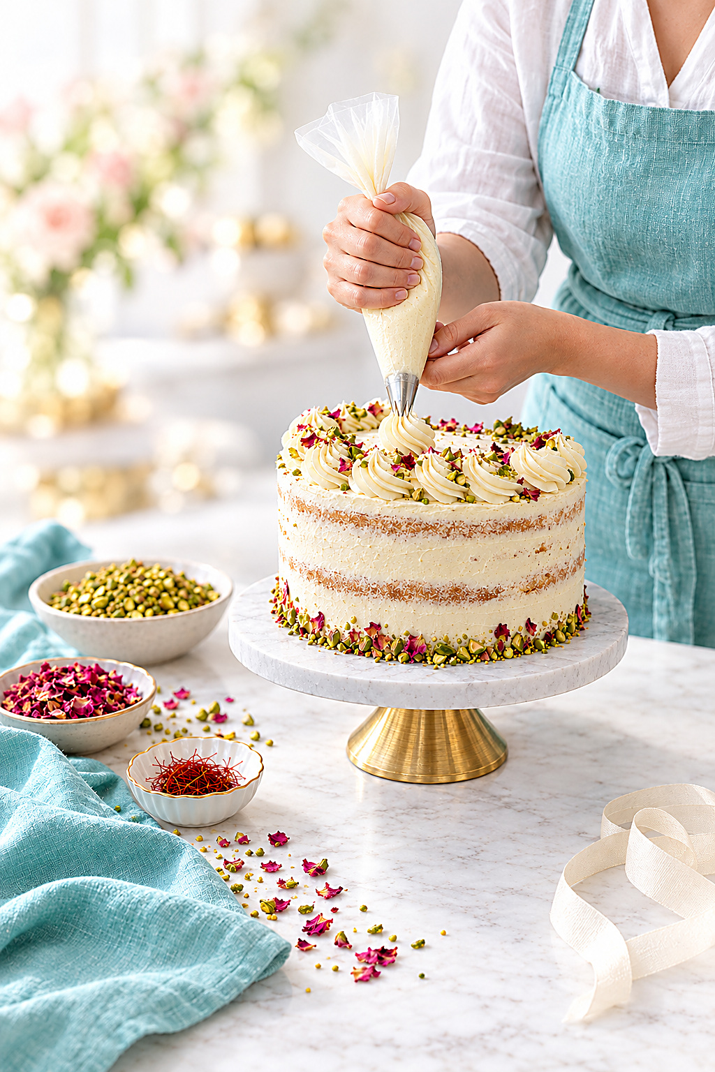 An editorial photograph on white marble of Pari Pastry signature sweets: a pastry chef piping buttercream onto a handmade cake decorated with pistachio and rose petals