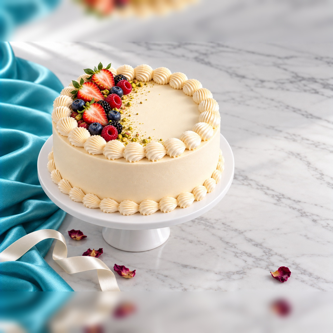 A soft watercolour illustration of a cream celebration cake on a gold-rimmed pedestal stand with turquoise satin drapery
